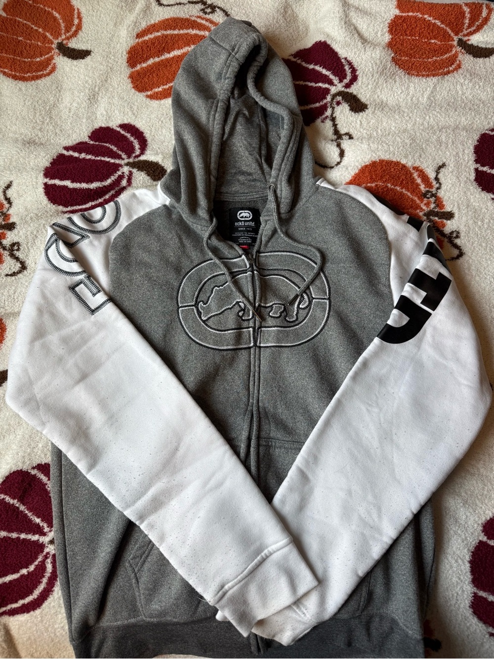 Ecko Unlimited Grey Body with White Sleeve Zip Hoodie